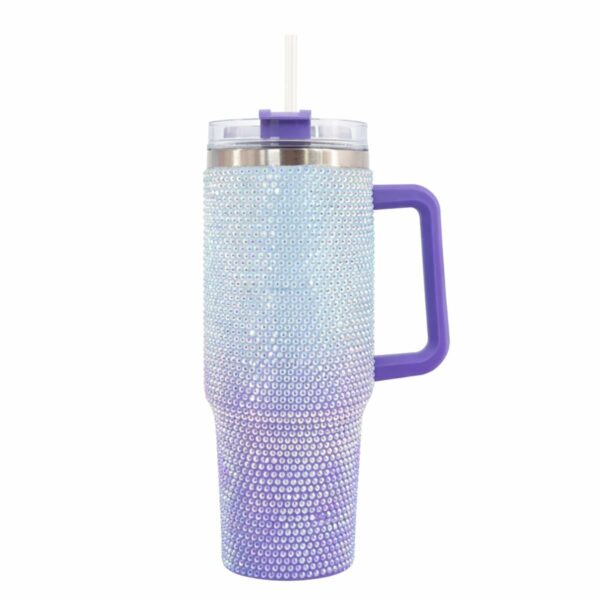 Θερμός Ποτήρι Ταξιδιού 1200ml με Χερούλι & Καλαμάκι Μωβ Ιριδίζον Στρας