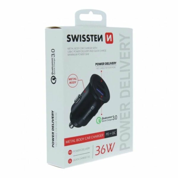 Swissten Μεταλλικός Φορτιστής Αυτοκινήτου 36W με USB-C Power Delivery & USB-A Quick Charge 3.0 20111760 Μαύρο