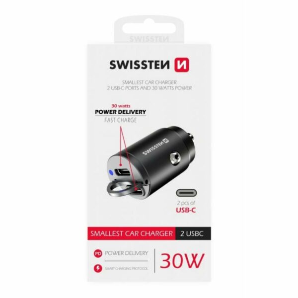 Swissten Nano Φορτιστής Αυτοκινήτου 30W με 2x USB-C & Power Delivery 20111800 Μαύρο