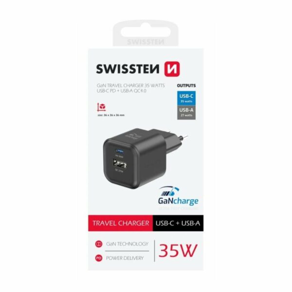 Swissten GaN Φορτιστής Τοίχου 35W με USB-C Power Delivery & USB-A Quick Charge 4.0 22071210 Μαύρο