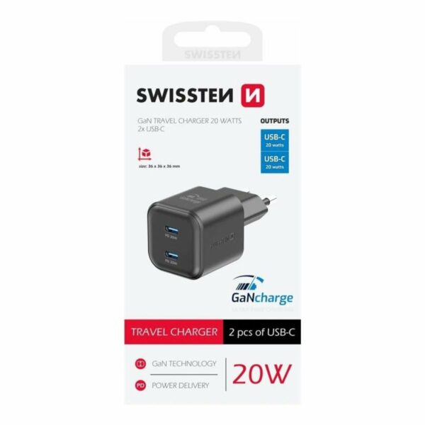 Swissten GaN Ταξιδιωτικός Φορτιστής 20W με 2x USB-C & Power Delivery 22070510 Μαύρο