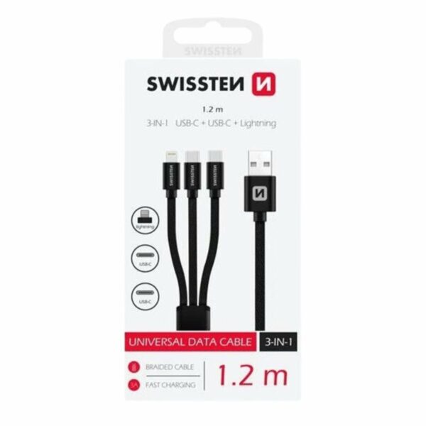 Swissten Textile 3σε1 Καλώδιο Φόρτισης με Lightning & 2x USB-C 1.2m 72501103 Μαύρο