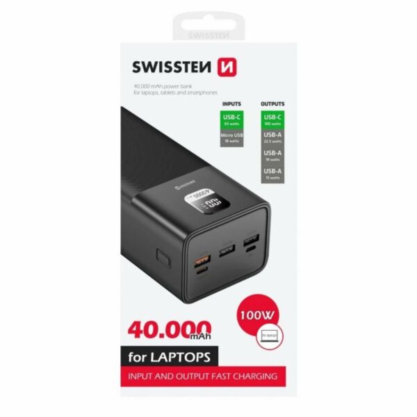 Swissten POWER LINE Power Bank 40.000mAh 100W με Power Delivery & Quick Charge 22013941 Μαύρο
