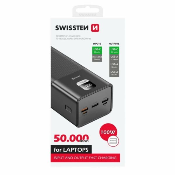 Swissten POWER LINE Power Bank 50.000mAh 100W με Power Delivery & Quick Charge 22013942 Μαύρο