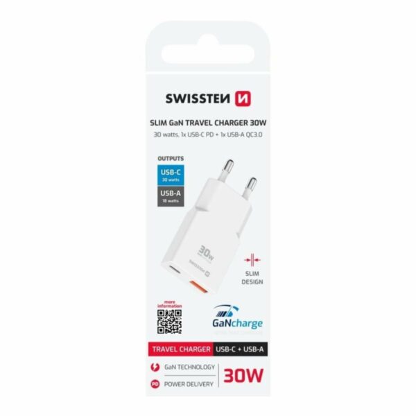 Swissten Slim GaN Ταξιδιωτικός Φορτιστής 30W με USB-C Power Delivery & USB-A Quick Charge 22070201 Άσπρο