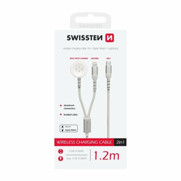 Swissten 2-σε-1 Καλώδιο Φόρτισης Apple Watch & Lightning 1.2m με USB-C και Πλεκτή Επένδυση 22065503 Άσπρο