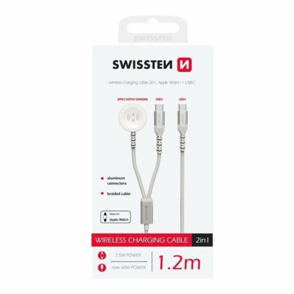Swissten 2-σε-1 Ασύρματο Καλώδιο Φόρτισης Apple Watch & USB-C 1.2m με Πλεκτή Επένδυση 22065504 Άσπρο 